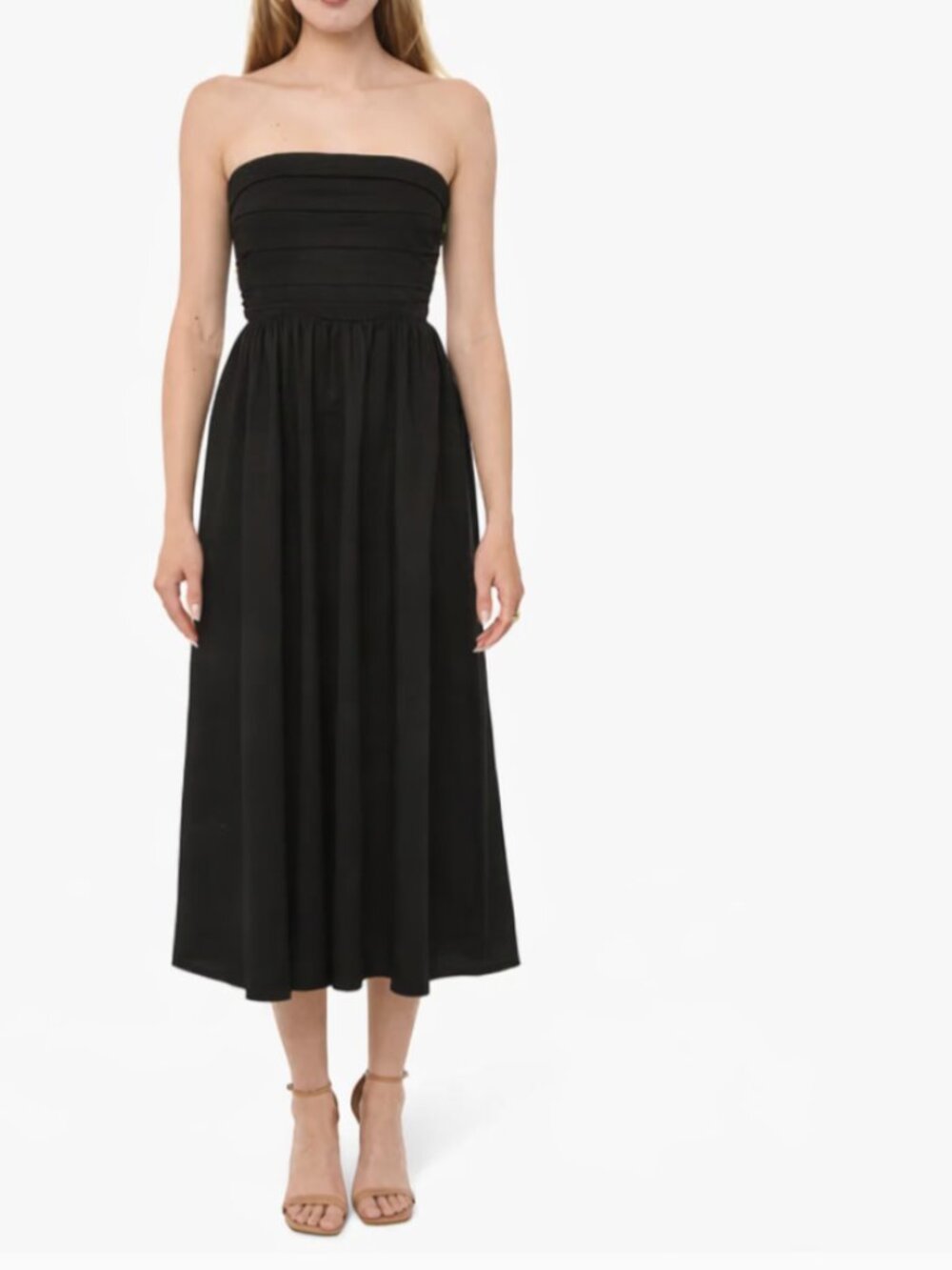 WAYF Sammie Pleat Strapless Black Midi Dress M – Stretch Cotton